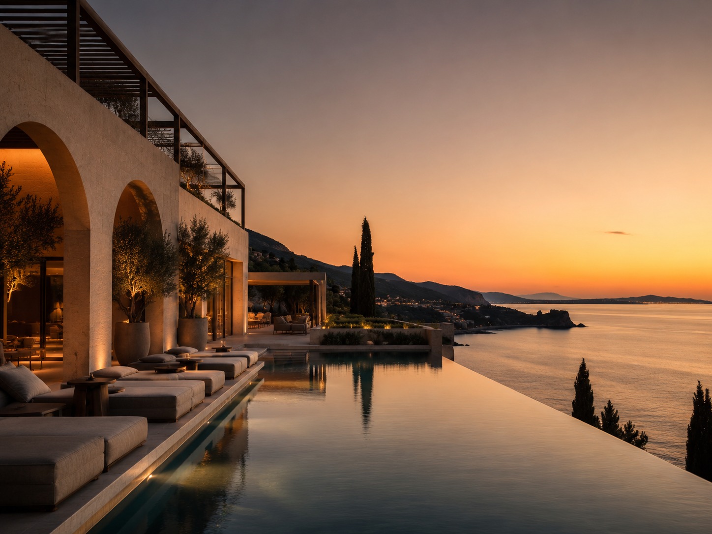 Coastal resort hotel with arched stone terraces and an infinity pool at dusk