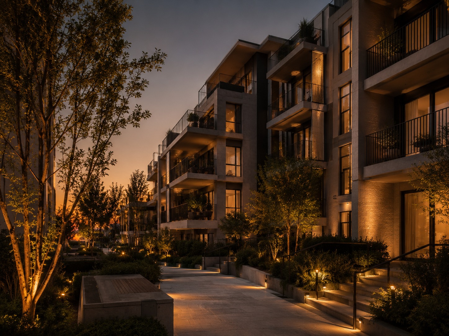 Modern residential apartment buildings with lit balconies and a landscaped walkway at dusk