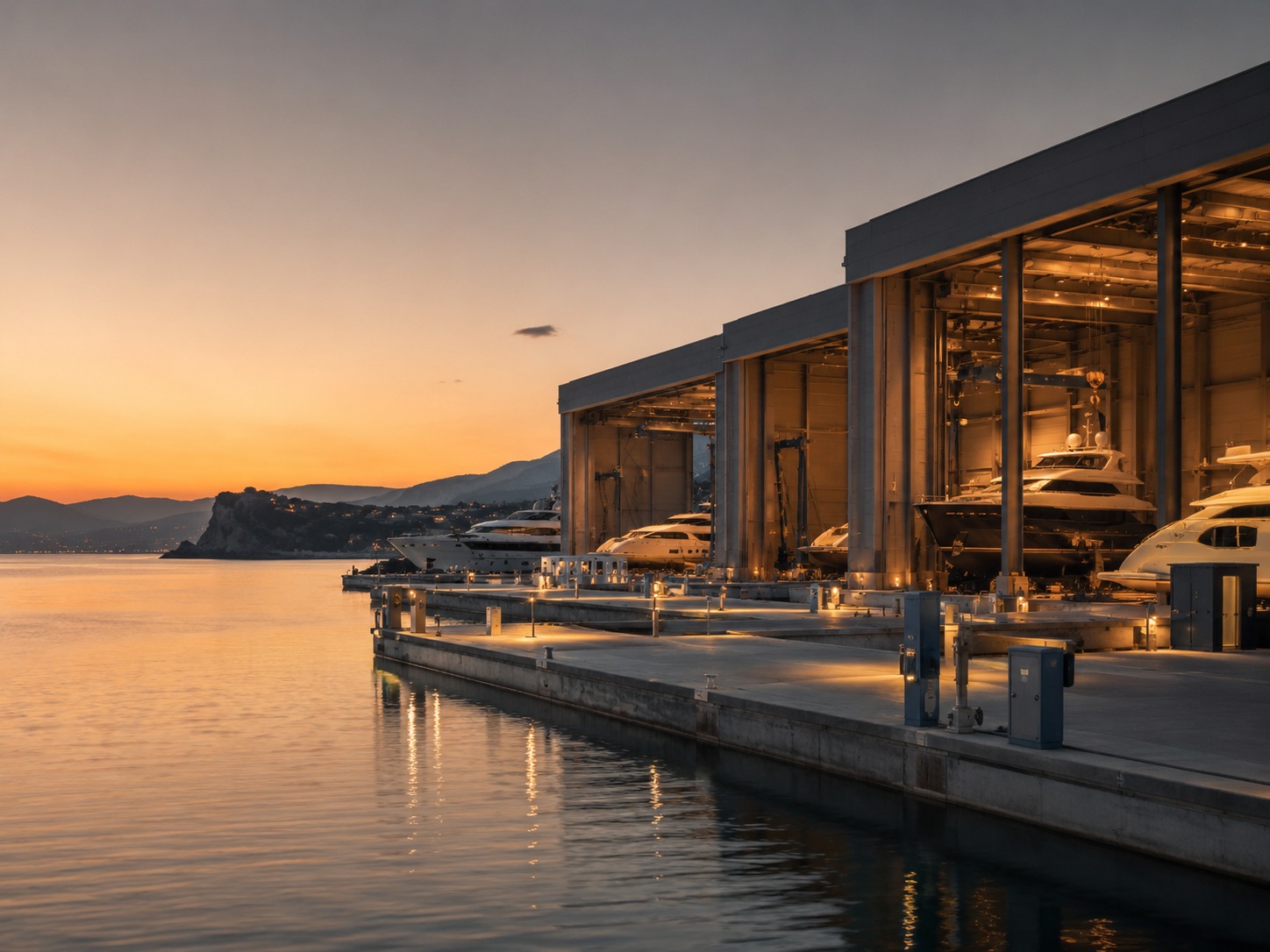 Yacht shipyard hangars on an illuminated marina quay at dusk