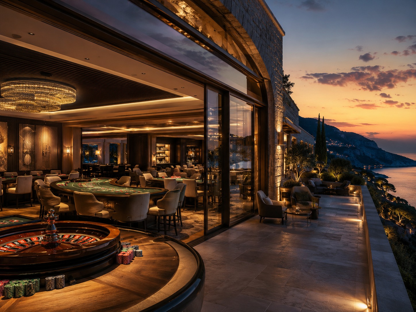 Casino gaming floor with roulette table opening onto a coastal terrace at dusk