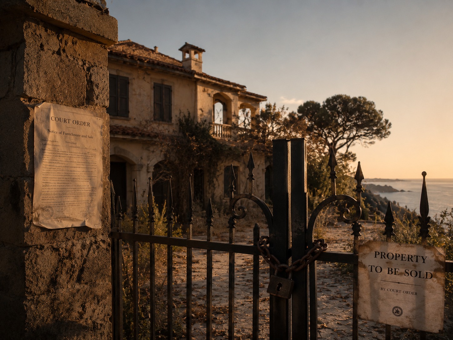 Chained gate of a distressed seaside villa with court-order sale notices
